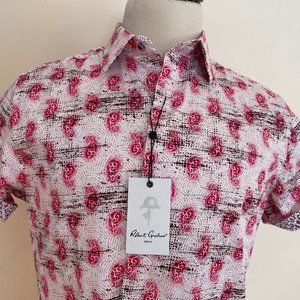 Robert Graham Red Pink Abstract Geo Short Sleeve Shirt Size L BRAND NEW w/ Tags